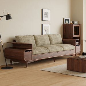 New Chinese Style Solid Black Walnut Wood Sofa Modern Simple Luxury Living Room Three-Seater Straight Row Sofa with Storage