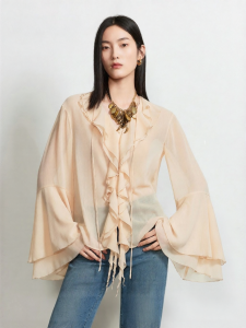 Vero Moda | Ruffle Bell Sleeve Tied Belt V-Neck Shirt