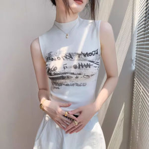 chaqi | Half-High Collar Knitted Mini Strap Vest Womens Summer Short Suit Inner Match Sleeveless Shoulder Reduction Hanging Neck Top