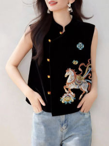 QINGNAER | New Chinese Style Large Size Black Embroidery Mandarin Collar Womens Vest