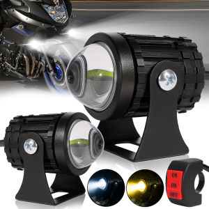 2ชิ้น ไฟหน้ามอเตอร์ไซค์กันน้ำ / ไฟเสริมมอเตอร์ไซค์ LED ขนาดเล็กพร้อมสวิตช์ / ไฟสปอตไลท์ขับรถสีเหลืองขาว