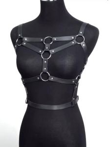 Womens Gothic Lingerie - Leather Strappy Body Cage with Adjustable Harness and Metal Rings Design