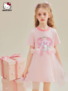 HelloKitty Girls Sweet Color Block T-Shirt Dress Collaborative Mid-Length Skirt for Spring Summer Comfortable Cotton Blend