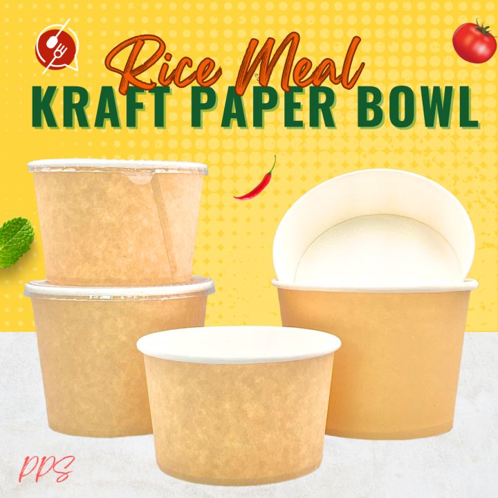 25pcs Disposable Rice Meal Paper Bowl Plain Kraft with PVC Plastic Lid ...