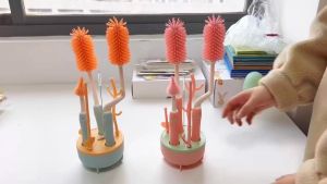 Sweetybayibayi 8 in 1 Brush Set Cleaning Bottles Straws Cups Nipple Baby Bottle Brush Rotary Handle Soft Silicone Portable