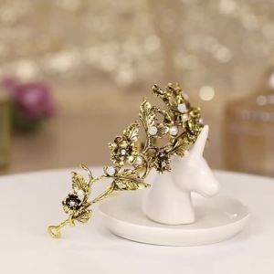Vintage Baroque Gold Color Pearl Leaf Bridal Tiaras Crystal Crown Hairbands Vine Tiara Wedding Hair Accessories Bride Headband