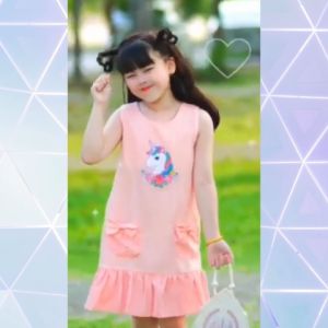 ชุดเดรสเด็กผู้หญิง ผ้าด๊อบบี้ปักลายยูนิคอร์น