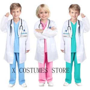 Kids Doctor Cosplay Nurse Costume Nurse Suit Doctors V Neck Surgical Suit Boys Girls Halloween Party Epidemic Role Clothing