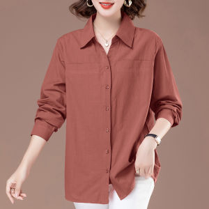 Áo Sơ Mi Nữ Cotton Nguyên Chất Dáng Rộng Thời Trang Cho Phụ Nữ Trung Niên Mùa Thu Cổ Polo Tay Dài Màu Trơn Áo Dài Thường Ngày
