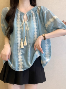 Large Size Womens French Doll Top Short Sleeve Summer Plump mm Bohemian Embroidered Bubble Sleev Chiffon Shirt