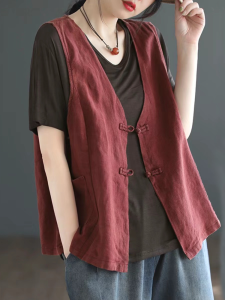เสื้อกั๊กผ้าลินินคอตตอนสไตล์ย้อนยุคสำหรับผู้หญิง ฤดูร้อน 2023 ทรงหลวม แขนสั้น ปกติ คอวี กระดุมเดียว สีสันสดใส เสื้อคลุมกันหนาว