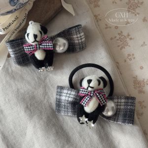 Cute Plaid Bow Tie Hair Ties And Scarf for Girls Panda Print Fabric Art Bangs Clips Childrens Accessories Baby Outfits Parent-Child Clothes