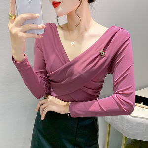 Yimei áo phiên bản Hàn Quốc cổ chữ V gợi cảm chéo thời trang với áo thun phụ nữ da đen nếp gấp cá tính thanh lịch ngoại cỡ áo Thun Cơ Bản