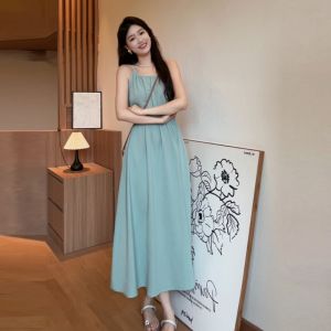 Summer New Womens High-Waist A-Line Dress Neck Hanging Sleeveless Beach Dress Vintage Style Long Skirt without Shoulder Strap