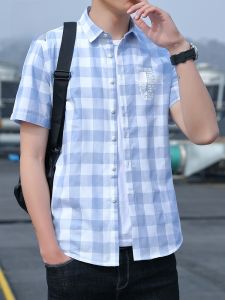 ROMON | Lormen Mens Short Sleeve Shirt Summer Thin Fashion Print Handsome Youth Plaid Pure Cotton Casual Shirt Mens Clothing