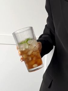 Storix Transparent Glasses With Lid and Straw Juice Glass Milk Water Cup Drinkware Stripe Glass Cup Iced Coffee Mug