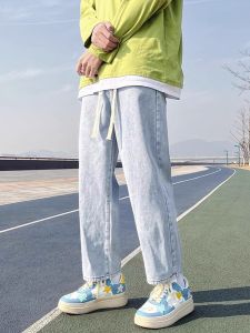 กางเกงยีนส์ทรงหลวมสไตล์ฮ่องกงย้อนยุคสำหรับผู้ชาย กางเกงขายาวทรงตรงบางสบายๆ ฤดูร้อน กางเกงขายาวทรงหลวมสำหรับผู้ชาย