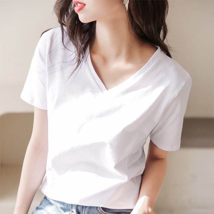 Plain white v 2024 neck t shirt womens