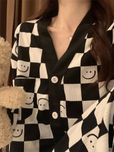 Áo Ngủ Dài Tay Họa Tiết Kẻ Caro Mặt Cười Cho Nữ Áo Ngủ Mặc Nhà Thoải Mái Thoáng Khí Mùa Thu Đông Xuân Hè Áo Khoác Ngoài