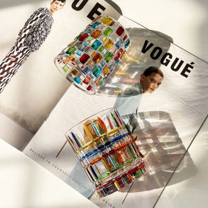 Italian Hand-Painted Design Crystal Accessible Luxury Glass Cup Retro Ins Style Stripes Plaid Water Cup Whiskey Shot Glass