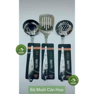 Muôi múc canh môi thủng xẻng xào thức ăn inox không gỉ cán in hoa chìm