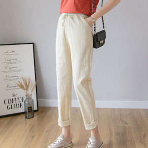 Quần Dài Cotton Lanh 9 Điểm Cạp Cao Mùa Xuân Hè Phong Cách Mới Hàn Quốc Quần Dài Thường Ngày Rộng Rãi Cỡ Lớn
