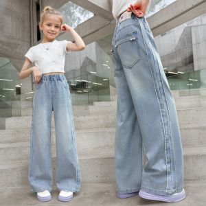 Quần Jeans Trẻ Em Cạp Chun Màu Trơn Mùa Hè Kiểu Dáng Rộng Ống Có Túi Đính Ngọc Trai Thời Trang Dành Cho Bé Gái.