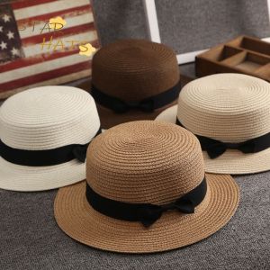 2025 New Womens Wide brimmed Flat Top Straw Hat Summer Sunscreen Vacation Bow Top Hat Womens Sunscreen Multi functional Beach Hat