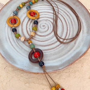 MARBIT Colorful Ceramic Necklace Boho Style Handmade Adjustable Necklace Simple Woven Rope Ceramic Necklace