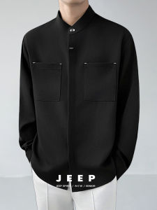Jeep Spirit Mens Long Sleeve Shirt Black Stand Collar Drapey No Iron Commute Versatile Clothes Autumn Fashion Urban Style