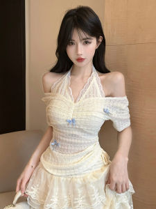 Sweet Pure Desire Shoulder Bared Lace Tunic Top Slim Fit Neck Hanging Butterfly Knot Single Wear Straight Leggings Match