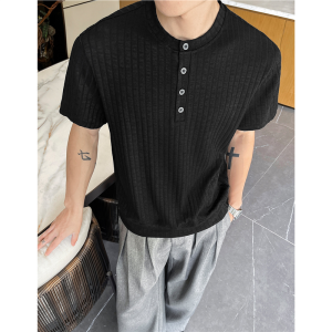 Elegant Stylish Henry Collar T-Shirt Short Sleeve
