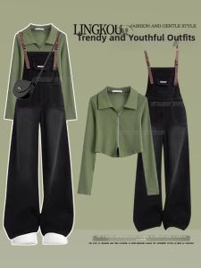 NUMEN BUTTON | Spring College Style Two-Piece Set Polo Shirt Retro Denim Overalls