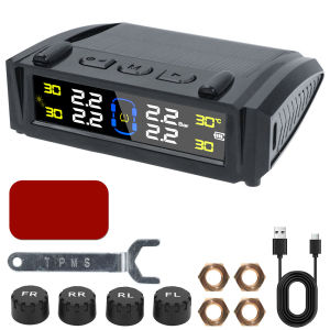 Car TPMS Temperature Warning Tire Pressure Monitoring System 0-6Bar USB/Solar Power Digital LCD Display 4 External Sensors