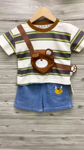 Terno for Kids Boy Cute Brown Bear w/ bag and paw design casual stripe outfit 1-5yrs old E91