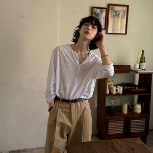 White Long Sleeve Thin Henry Collar T-Shirt Mens Casual Versatile Breathable Sun Protection Top for Spring Autumn