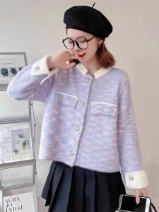Mink Velvet Knitted Short Coat Womens Loose Fit Thickened Spring Autumn Korean Style Petite Size Fashion Commute Style Button up
