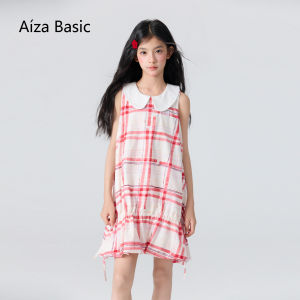 Aiza basic | Sleeveless Peter Pan Collar Children Dress Checkered Drawstring Design