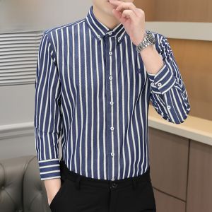 HENGYUANXIANG | Hengyuanxiang 2025 New Mens Long Sleeve Shirt Flocking Pure Cotton Embroidered Striped Spring Autumn High End Menswear Shirt