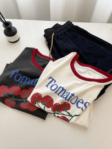 Limbo Home: White Contrast Color Round Neck Tomato Print Short-Sleeved T-shirt Female Summer Slimming and Short Casual Tops