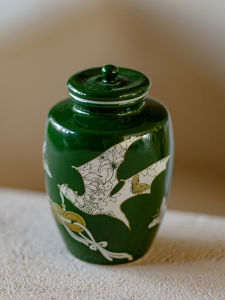 Mini Ceramic Tea Canister Bat And Butterfly Design Sealed Storage Vessel Green And Silver Colored Traditional Chinese Style