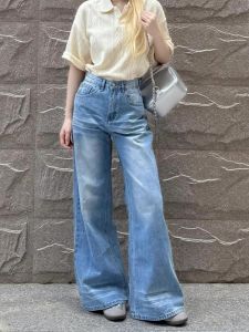 สูง เอว หลวม ขากว้างพอดี กางเกงยีนส์ ผู้หญิง ฤดูร้อน เอวสูง พรางหุ่น ความยาวพื้นยาวตรง สีฟ้าอ่อน เดนิม กางเกง