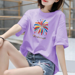 Pure Cotton Short Sleeve T-Shirt Womens round Neck Printed Slimming Summer Loose Top Fashionable Korean Style Commute Wind
