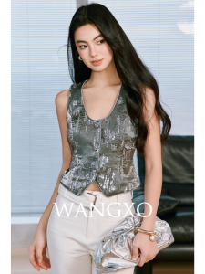 WANGXO | Áo Gile Thắt Eo Sáng Chói Thêu Ngọc Trai Handcrafted
