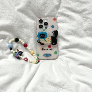 เคสโทรศัพท์ลายแมวสีฟ้าเชอร์รี่ สีดำ ลูกแมว ลายเรขาคณิต เรียบง่าย เด็กผู้หญิง ลายหัวใจ สำหรับ Apple 17ProMax iPhone 16Pro ดีไซน์ไม่ซ้ำใคร 15 สดใส 14 การ์ตูน
