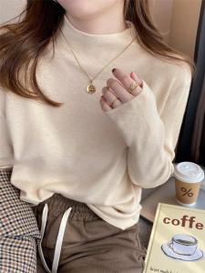 เสื้อชั้นในถักคอสูงครึ่งตัวสีขาว ทรงสลิมฟิต สำหรับผู้หญิง ฤดูใบไม้ร่วง/ฤดูหนาว เสื้อชั้นในสไตล์เกาหลี แขนยาว ปกติ