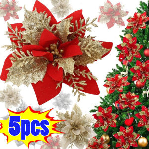 5Pcs Christmas Artificial Flowers / Simulation Gold Powder Christmas Flower / Glitter Poinsettia Flowers Decorations for Xmas New Year Wedding Party Wreath DIY Garland Decor