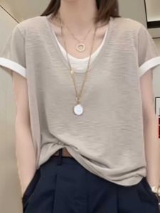 Pure Cotton Summer Thin Short Sleeve T-Shirt Womens Loose Slimming V-neck Fake Two-pieced Upper Apparel Korean Style Commute