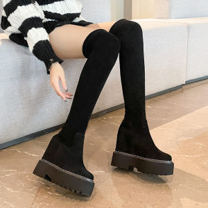 รองเท้าบูทส้นสูงยางยืดสำหรับผู้หญิง 2025 ฤดูใบไม้ร่วง รองเท้าบูทส้นสูงหนังแท้ พื้นยาง รองเท้าบูทส้นสูงพื้นยาง