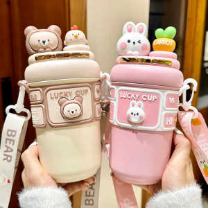 Cute Childrens Double Drink Insulated Water Bottle Stainless Steel 550ml School Bag Strap Included Boys And Girls Styles